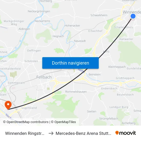 Winnenden Ringstraße to Mercedes-Benz Arena Stuttgart map
