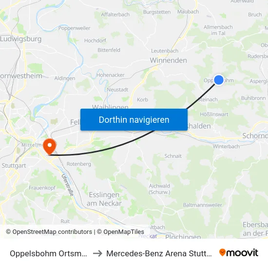 Oppelsbohm Ortsmitte to Mercedes-Benz Arena Stuttgart map
