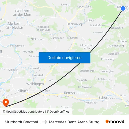 Murrhardt Stadthalle to Mercedes-Benz Arena Stuttgart map