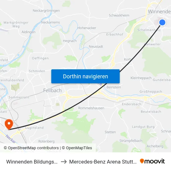 Winnenden Bildungsz. II to Mercedes-Benz Arena Stuttgart map