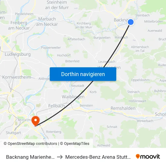 Backnang Marienheim to Mercedes-Benz Arena Stuttgart map
