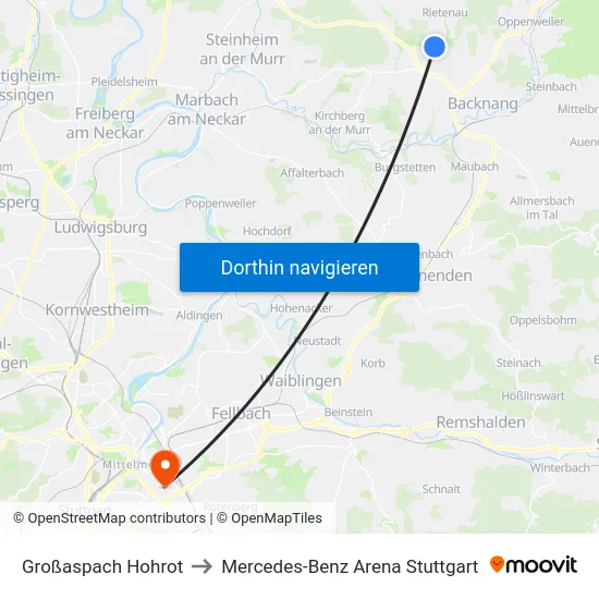 Großaspach Hohrot to Mercedes-Benz Arena Stuttgart map