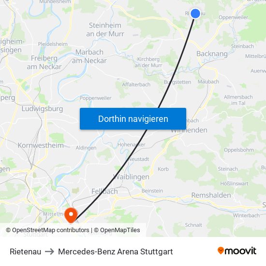 Rietenau to Mercedes-Benz Arena Stuttgart map