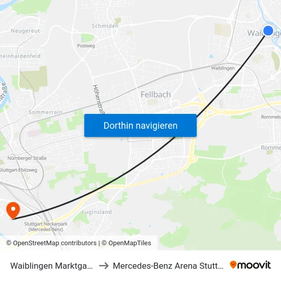 Waiblingen Marktgasse to Mercedes-Benz Arena Stuttgart map
