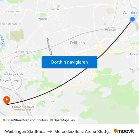Waiblingen Stadtmitte to Mercedes-Benz Arena Stuttgart map