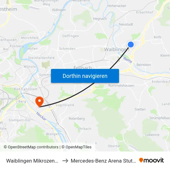 Waiblingen Mikrozentrum to Mercedes-Benz Arena Stuttgart map