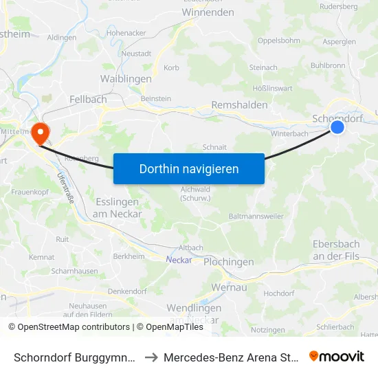 Schorndorf Burggymnasium to Mercedes-Benz Arena Stuttgart map