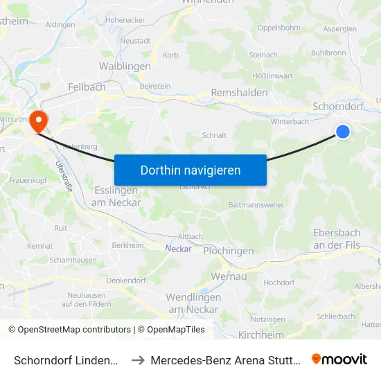 Schorndorf Lindenweg to Mercedes-Benz Arena Stuttgart map