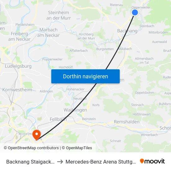 Backnang Staigacker to Mercedes-Benz Arena Stuttgart map