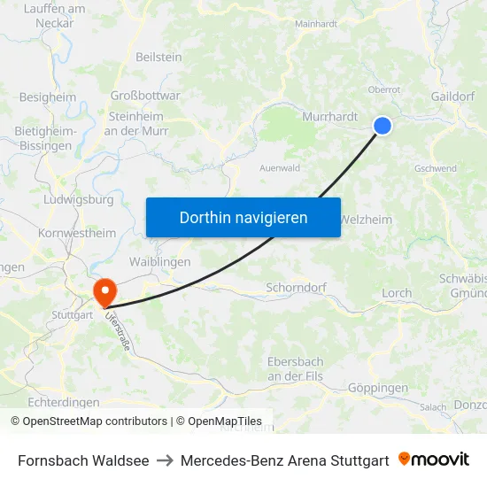 Fornsbach Waldsee to Mercedes-Benz Arena Stuttgart map