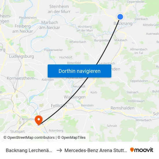 Backnang Lerchenäcker to Mercedes-Benz Arena Stuttgart map