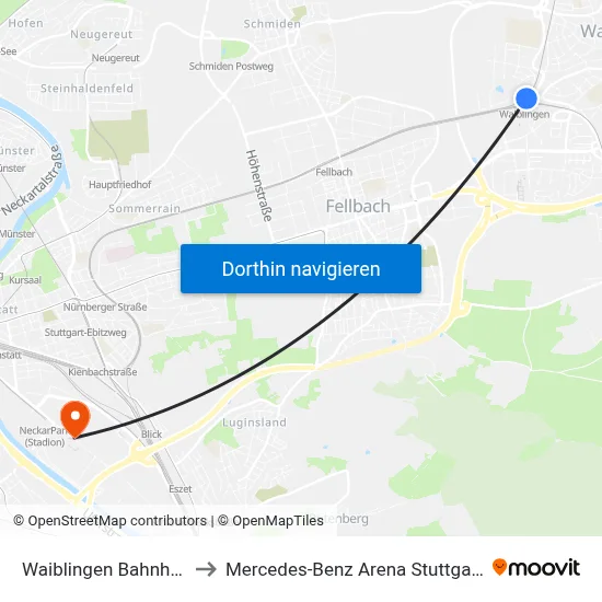 Waiblingen Bahnhof to Mercedes-Benz Arena Stuttgart map