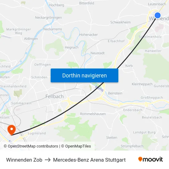 Winnenden Zob to Mercedes-Benz Arena Stuttgart map