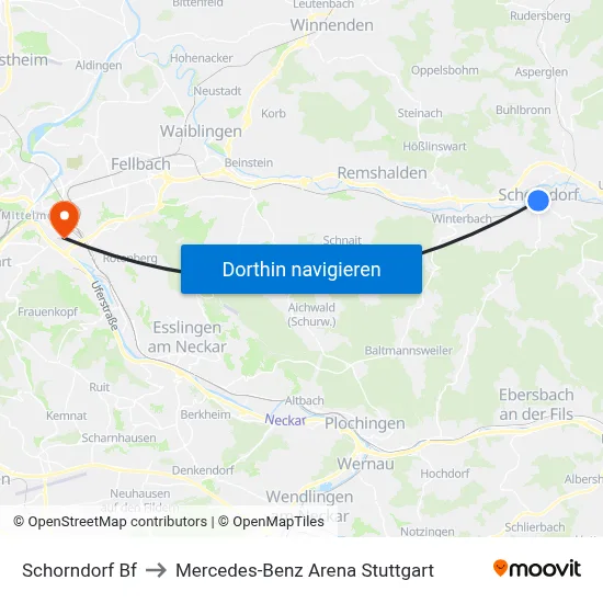 Schorndorf Bf to Mercedes-Benz Arena Stuttgart map