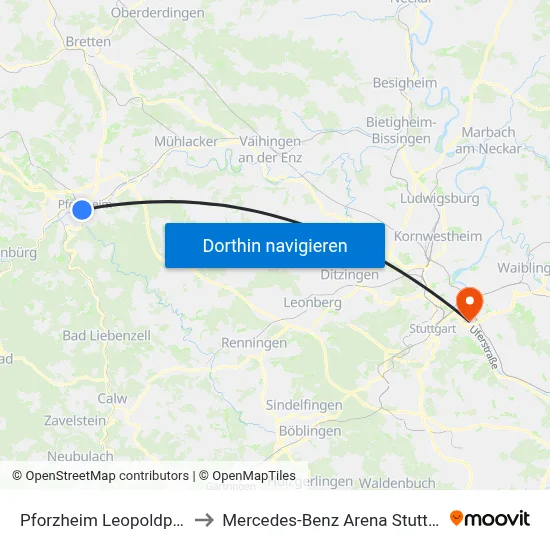 Pforzheim Leopoldplatz to Mercedes-Benz Arena Stuttgart map