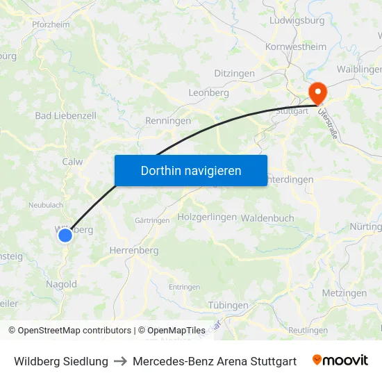 Wildberg Siedlung to Mercedes-Benz Arena Stuttgart map