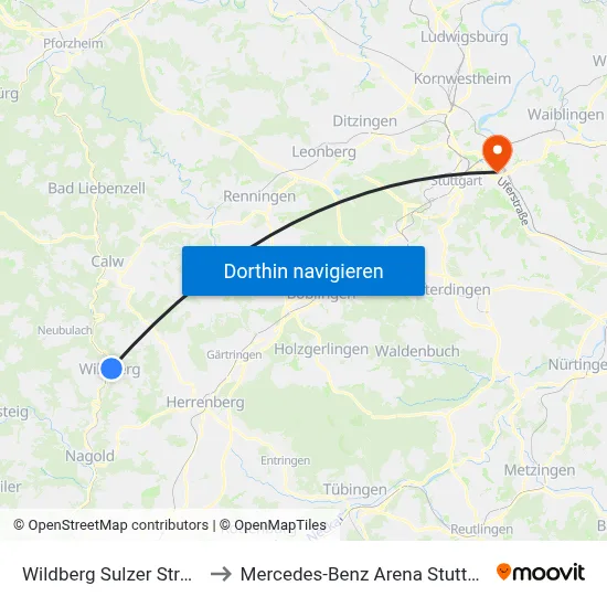 Wildberg Sulzer Straße to Mercedes-Benz Arena Stuttgart map