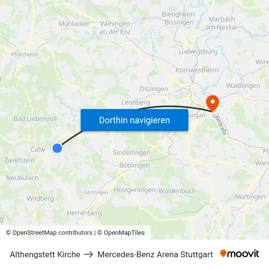 Althengstett Kirche to Mercedes-Benz Arena Stuttgart map