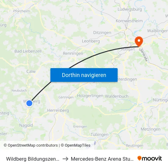 Wildberg Bildungszentrum to Mercedes-Benz Arena Stuttgart map