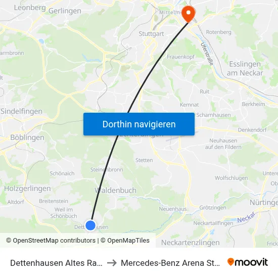 Dettenhausen Altes Rathaus to Mercedes-Benz Arena Stuttgart map