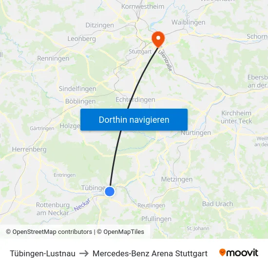 Tübingen-Lustnau to Mercedes-Benz Arena Stuttgart map