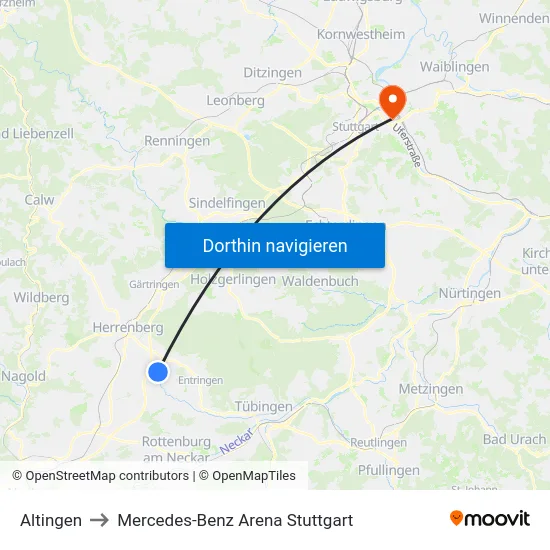 Altingen to Mercedes-Benz Arena Stuttgart map