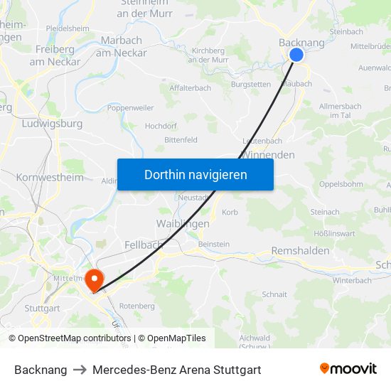 Backnang to Mercedes-Benz Arena Stuttgart map