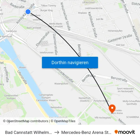 Bad Cannstatt Wilhelmsplatz to Mercedes-Benz Arena Stuttgart map