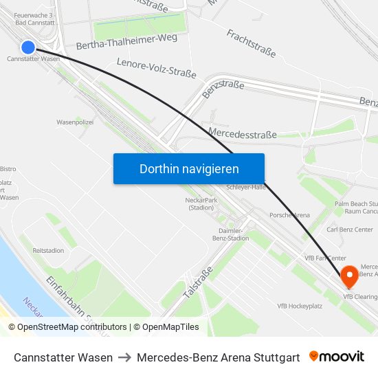 Cannstatter Wasen to Mercedes-Benz Arena Stuttgart map