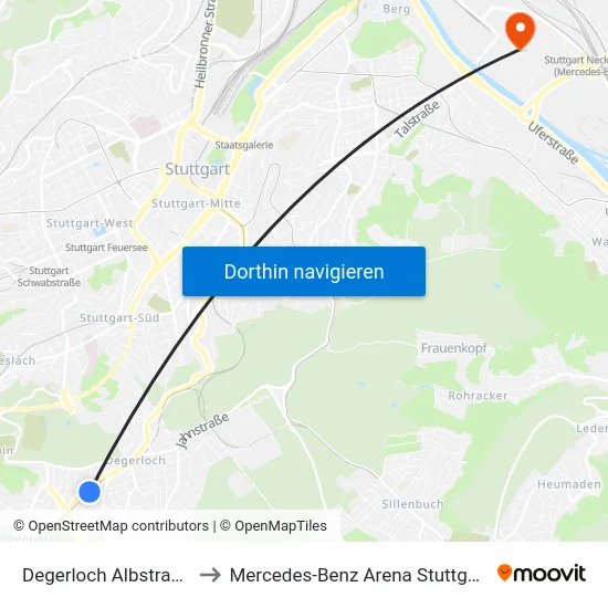 Degerloch Albstraße to Mercedes-Benz Arena Stuttgart map