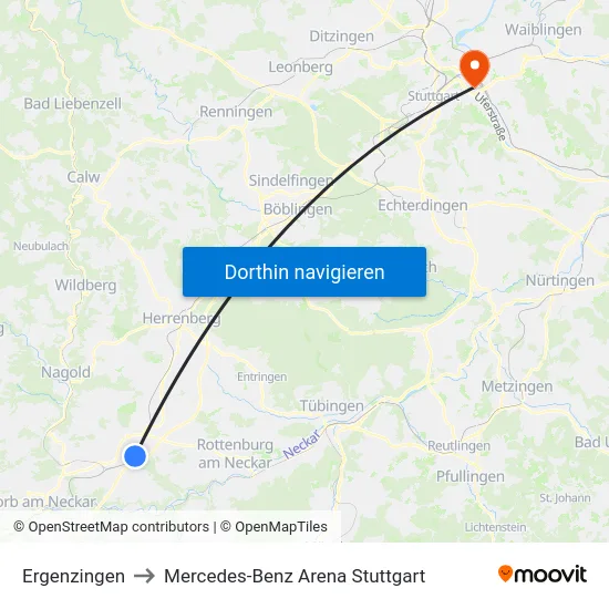 Ergenzingen to Mercedes-Benz Arena Stuttgart map