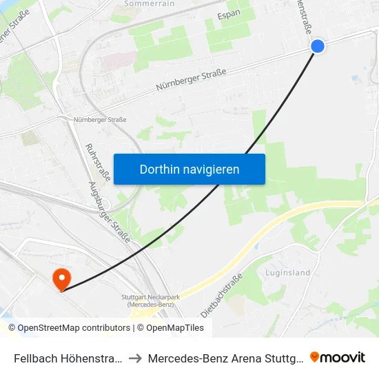 Fellbach Höhenstraße to Mercedes-Benz Arena Stuttgart map