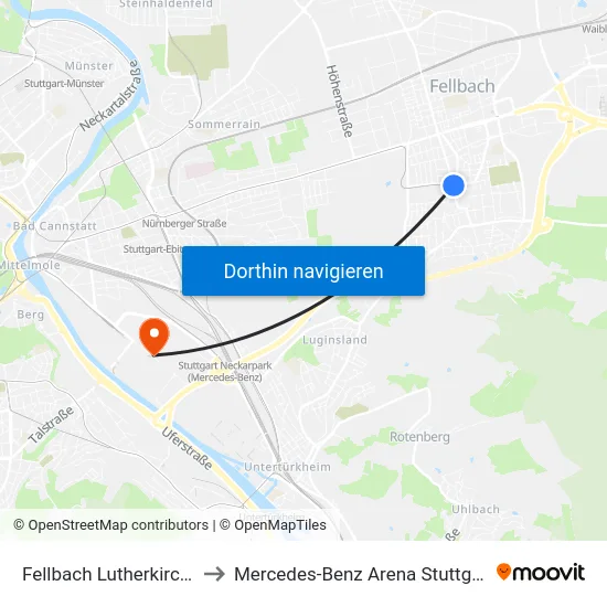 Fellbach Lutherkirche to Mercedes-Benz Arena Stuttgart map
