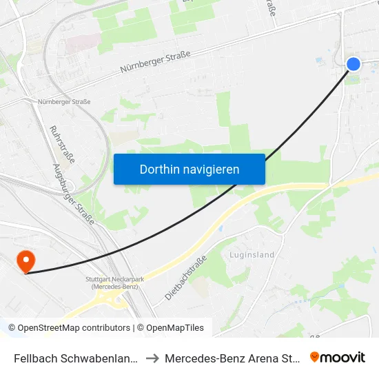 Fellbach Schwabenlandhalle to Mercedes-Benz Arena Stuttgart map