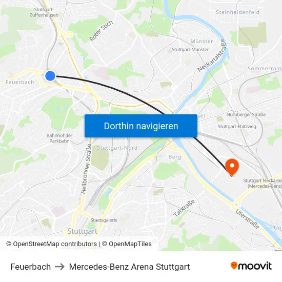 Feuerbach to Mercedes-Benz Arena Stuttgart map