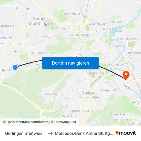 Gerlingen Breitwiesen to Mercedes-Benz Arena Stuttgart map