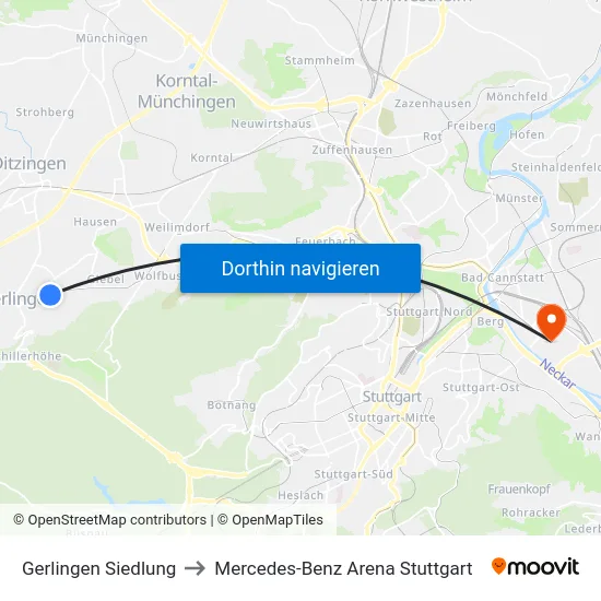 Gerlingen Siedlung to Mercedes-Benz Arena Stuttgart map