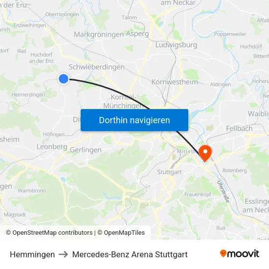 Hemmingen to Mercedes-Benz Arena Stuttgart map