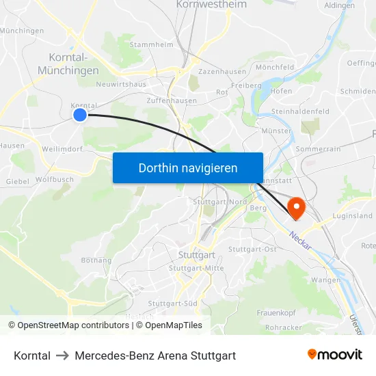 Korntal to Mercedes-Benz Arena Stuttgart map