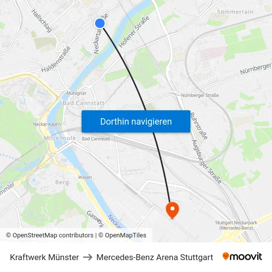 Kraftwerk Münster to Mercedes-Benz Arena Stuttgart map