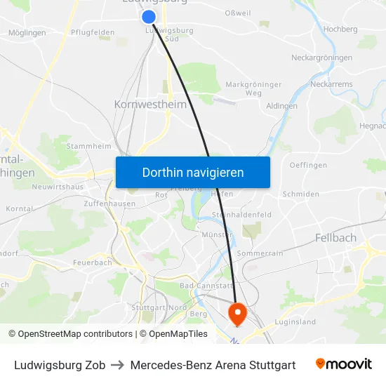 Ludwigsburg Zob to Mercedes-Benz Arena Stuttgart map
