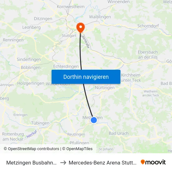 Metzingen Busbahnhof to Mercedes-Benz Arena Stuttgart map