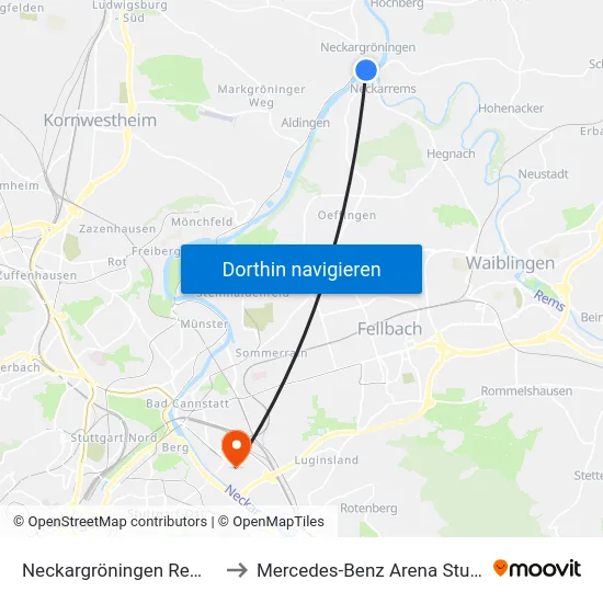 Neckargröningen Remseck to Mercedes-Benz Arena Stuttgart map
