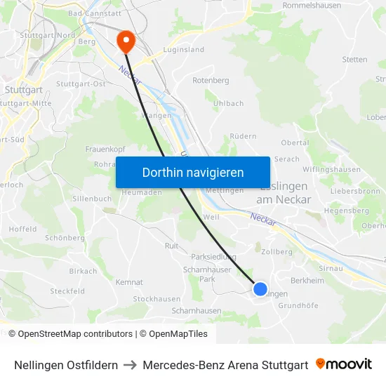 Nellingen Ostfildern to Mercedes-Benz Arena Stuttgart map