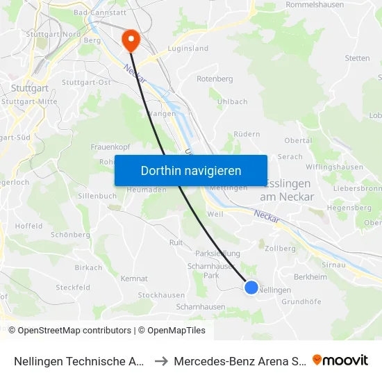 Nellingen Technische Akademie to Mercedes-Benz Arena Stuttgart map