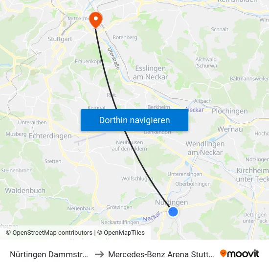 Nürtingen Dammstraße to Mercedes-Benz Arena Stuttgart map