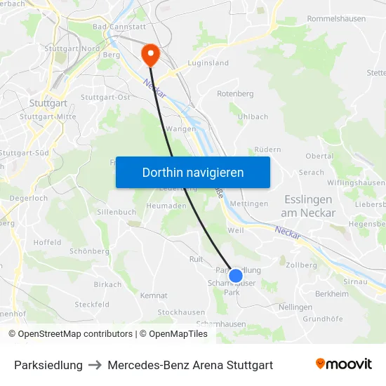 Parksiedlung to Mercedes-Benz Arena Stuttgart map
