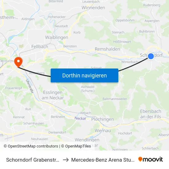 Schorndorf Grabenstr. (Bf) to Mercedes-Benz Arena Stuttgart map