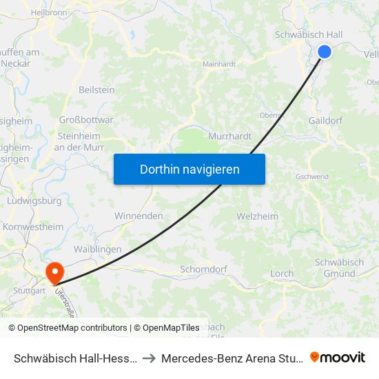 Schwäbisch Hall-Hessental to Mercedes-Benz Arena Stuttgart map