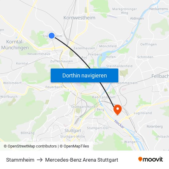 Stammheim to Mercedes-Benz Arena Stuttgart map